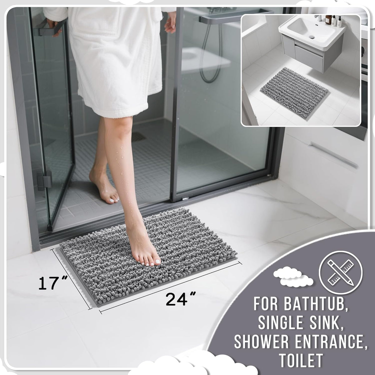 Yimobra Bathroom Rugs Non Slip Washable 24x17 Inch - Ultra Soft Absorbent Chenille Bath Mat, Quick Dry Shaggy Floor Carpet for Tub Shower, Gray Home Decor Accessories