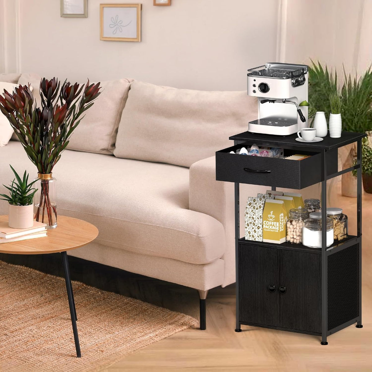 4-Tier Small Coffee Bar with Storage,Kitchen Stand,Farmhouse-Style Coffee Bar with Storage Featuring 2-Door Cabinet for Living Room,Kitchen (Black)