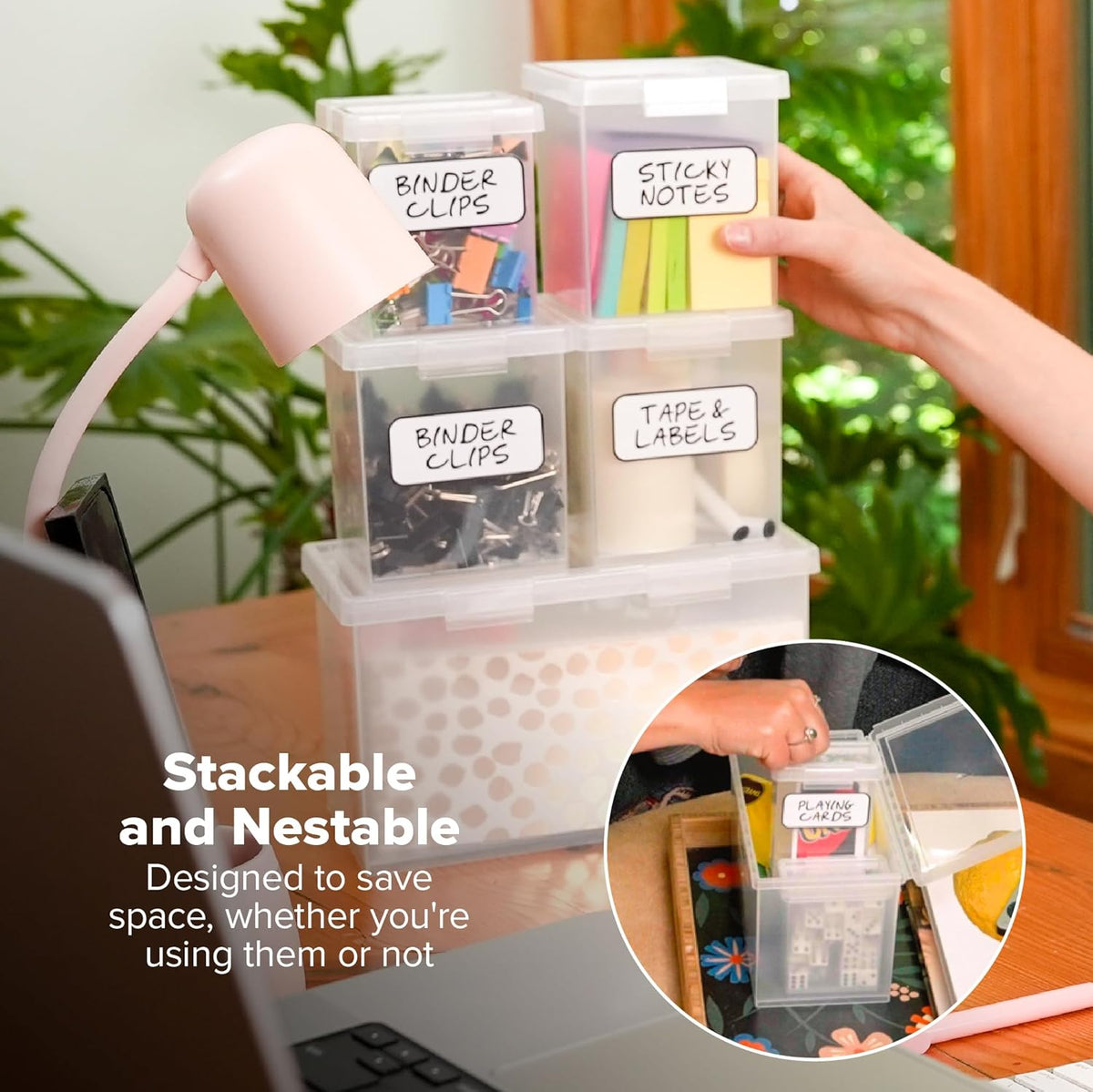 Bostitch Konnect Storage Containers with Lids, Organizer, Clear Plastic Box, Stackable Nesting Bins, Large, 2 Pack