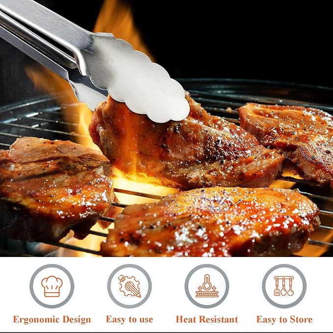 Tongs for Cooking, 9-Inch Stainless Steel Kitchen Tongs, Locking Metal Food Tongs with Silicone Non-Slip Grip, Kitchen Utensils Tongs for Food, Salad and Outdoor BBQ (Set of 4)
