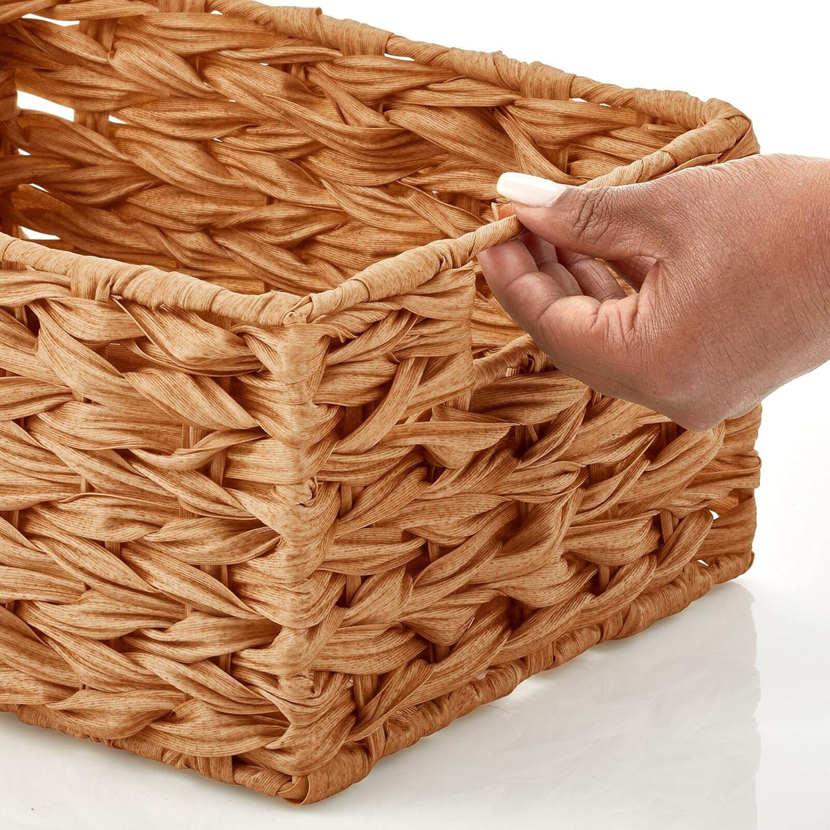 mDesign Woven Farmhouse Kitchen Pantry Food Storage Organizer Basket Bin Box - Container Organization for Cabinets, Cupboards, Shelves, Countertops - Store Potatoes, Onions, Fruit, 6 Pack, Camel Brown