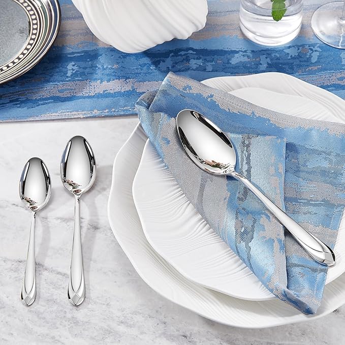 KEAWELL Premium Astra 4-Piece 9 inch Spoon Set – Mirror-Finished 18/10 Stainless Steel with Diamond-Faceted Handles Dishwasher Safe for Modern Dining (4, Serving Spoons and Slotted Spoons)