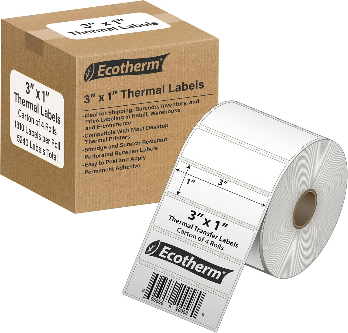 3" x 1" Thermal Labels | 4 Rolls | 5240 Labels | fits Zebra, Munbyn, Rollo, Godex, Arkscan, iDPRT, Offnova Thermal Label Printers and More | Blank White Adhesive Stickers by Ecotherm