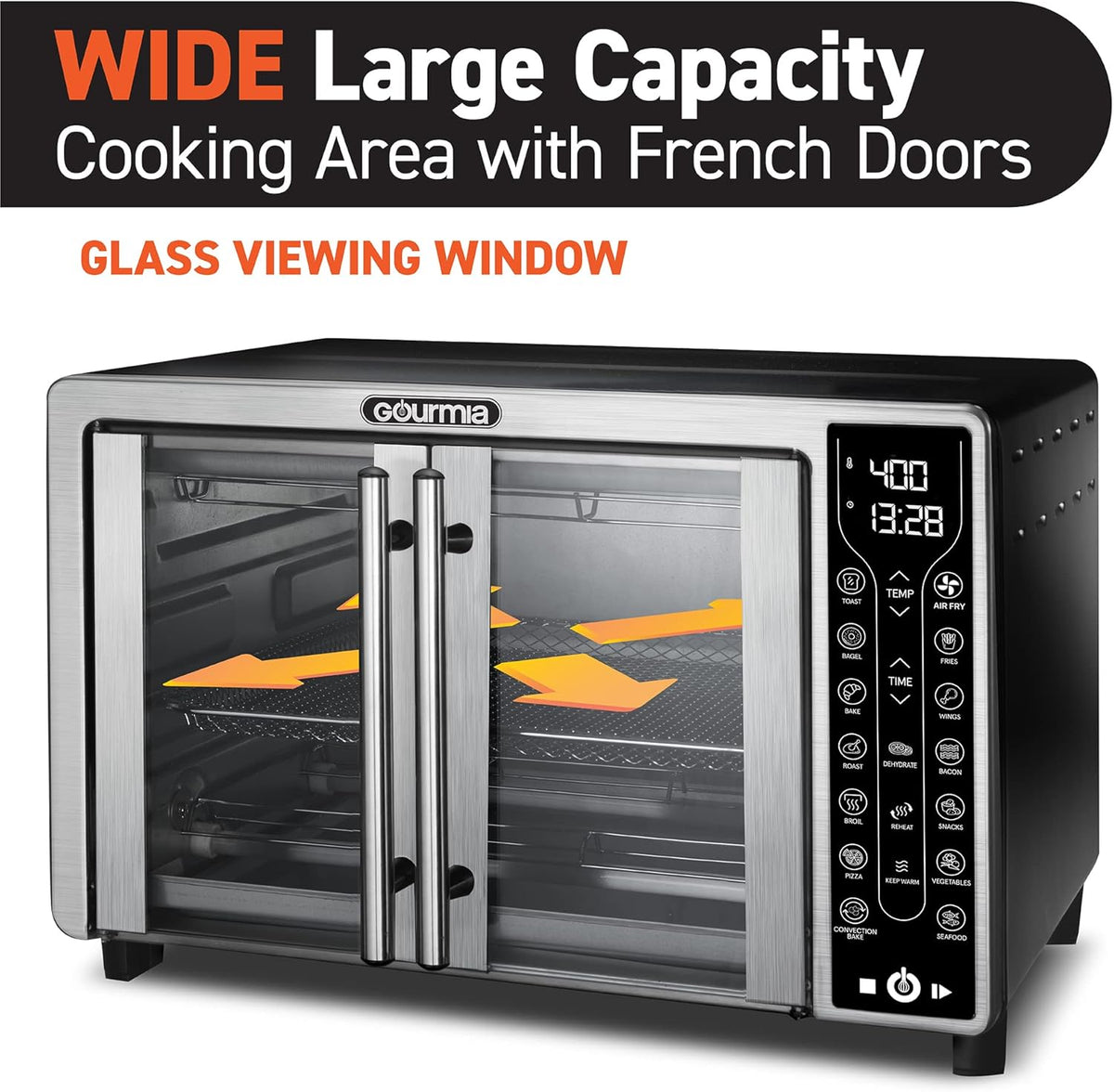 Gourmia Toaster Oven Air Fryer Combo 17 cooking presets 1700W french door digital air fryer oven 24L capacity accessories, convection rack, baking pan tray recipe book GTF7655,Large,Stainless Steel
