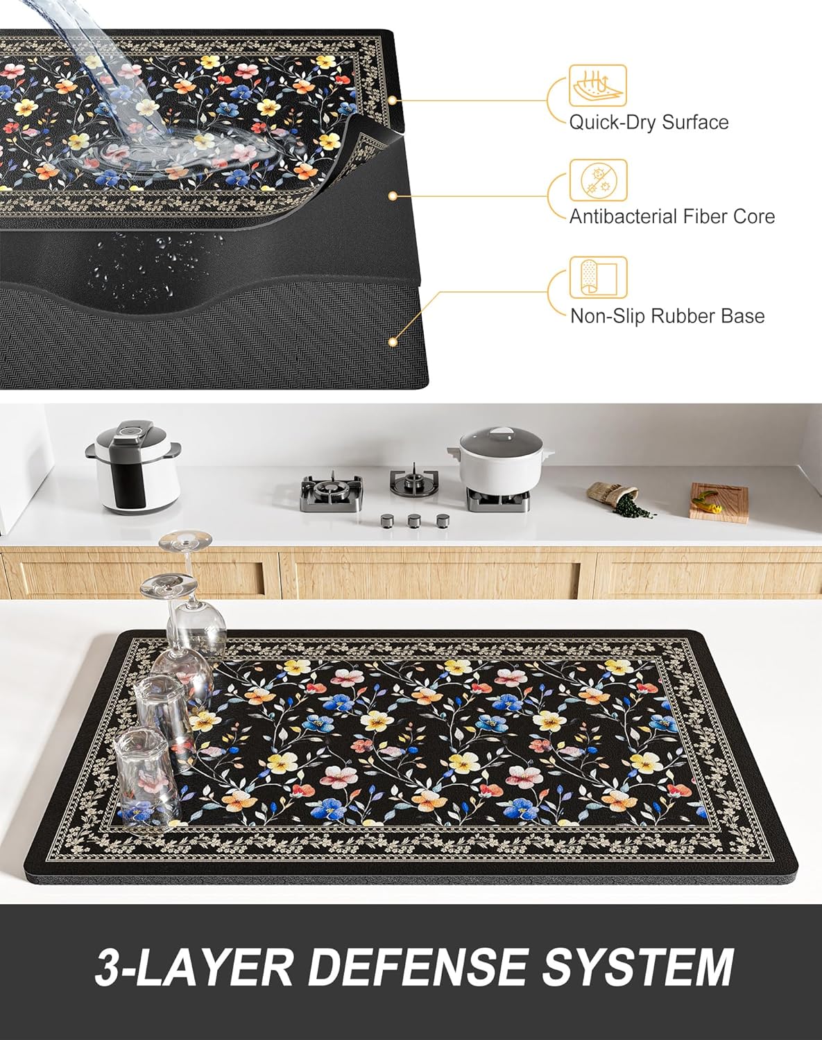 Rnivvi Dish Drying Mat for Kitchen Counter, XL 15 x 24" Cute Flower Theme Super Absorbent Drainer Pad, Non-Slip Heat Resistant Coffee Bar Mat for Coffee Machine Station Accessories,Retro Dish Rack Pad