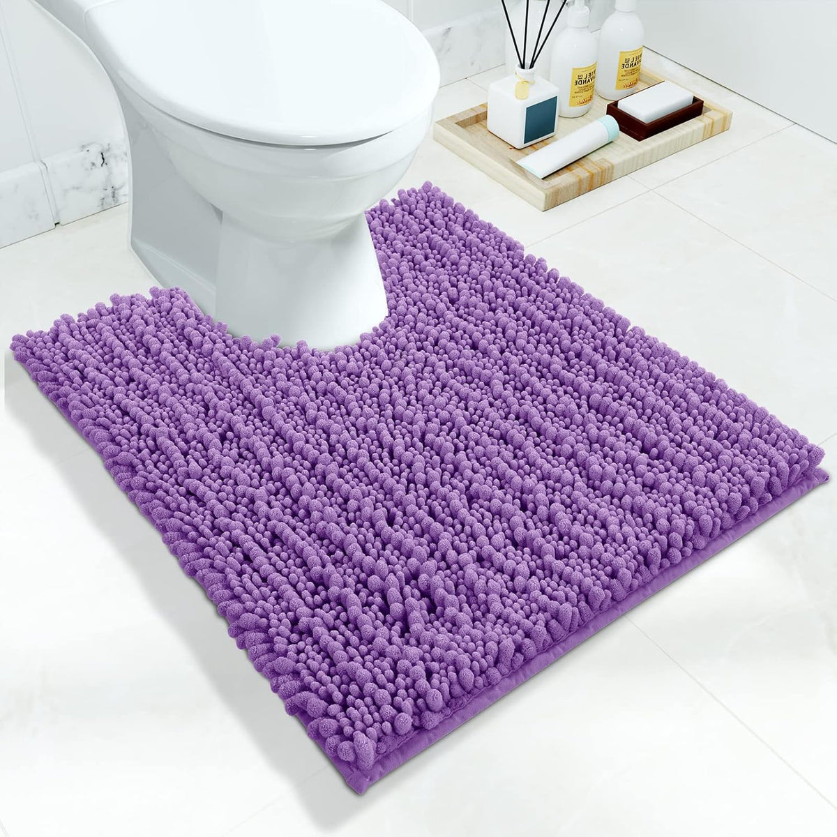 Yimobra Toilet Rug U Shaped Washable 24x20 Inch - Ultra Soft Absorbent Chenille Bath Rugs for Toilet, Quick Dry & Machine Washable, Non Slip Contour Bathroom Mat, Lavender