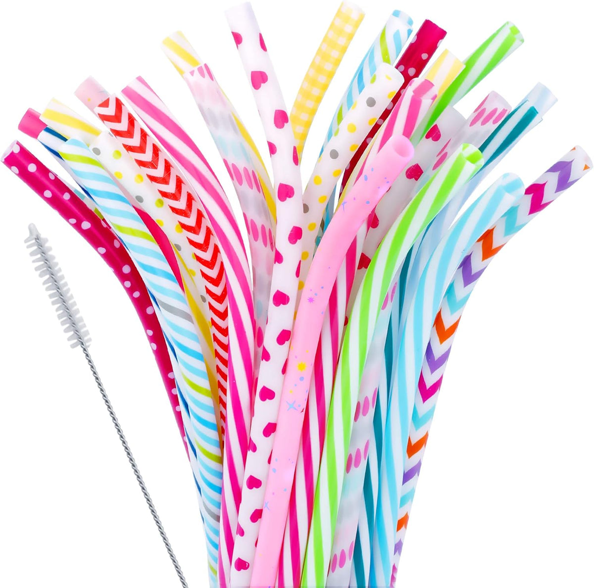 JANYUN 30 Pieces Reusable Plastic Straws BPA-Free 9" Colorful Printing Hard Platic Stripe Drinking Straw for Mason Jar Tumbler Family or Party Use Cleaning Brush Included(Random Pattern) (Bent)