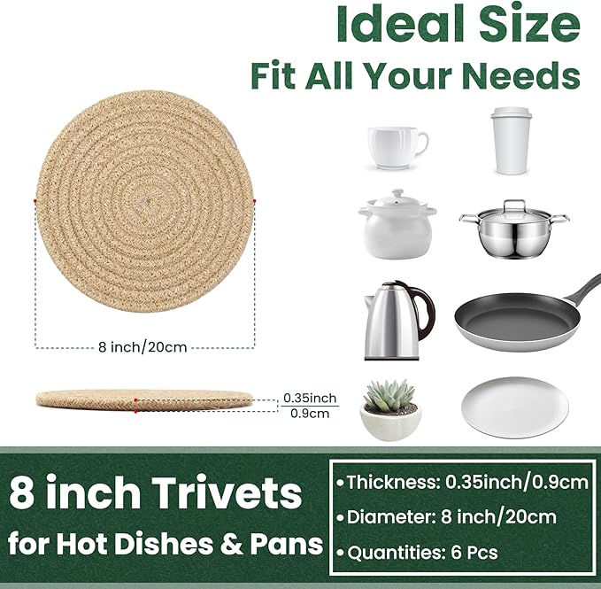 8 Inch Trivets for Hot Dishes, Hot Pots and Pans, Thick Heat Resistant Large Coaster for Kitchen, Hot Pads, Kitchen Essentials, Kitchen Decor for Table & Countertop, 6 Pcs