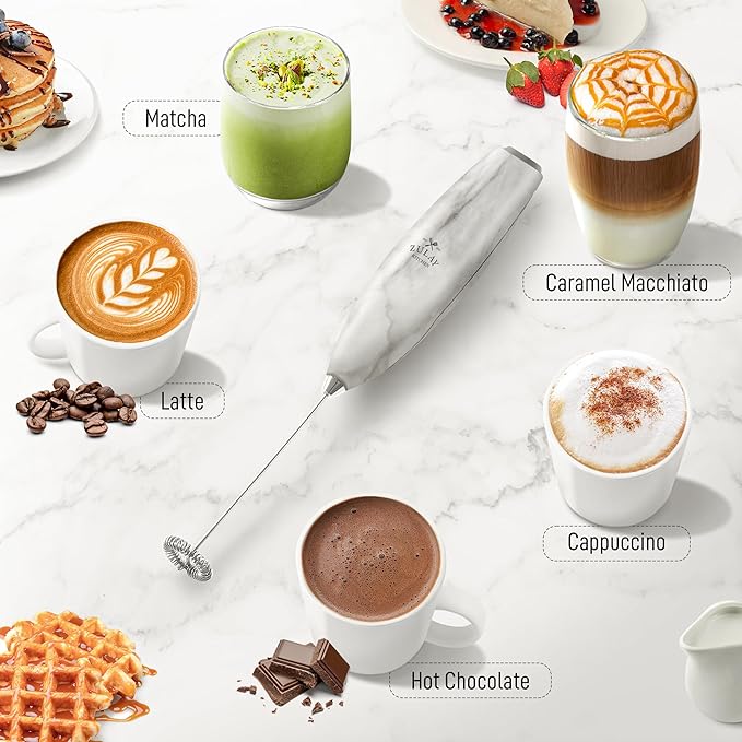 Zulay Powerful Milk Frother for Coffee with Powerful Motor - Handheld Frother Electric Whisk, Milk Foamer, Mini Mixer & Coffee Blender Frother for Frappe, Latte, Matcha, No Stand - Marble