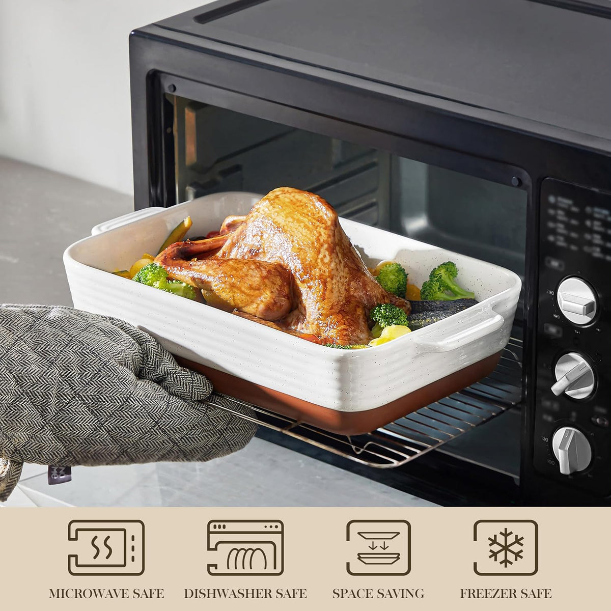 MALACASA Baking Dish 4.8 Qt Ceramic Casserole & Lasagna Pan, 9x13 Inch Deep Rectangular Oven Safe Dish with Handles for Baking, Roasting, Serving (Khaki & White) - Series Tara