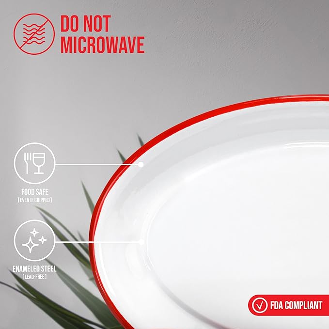 Red Co. Set of 4 Enamelware Metal Classic 13" Serving Oval Tray Platter, Solid White/Red Rim