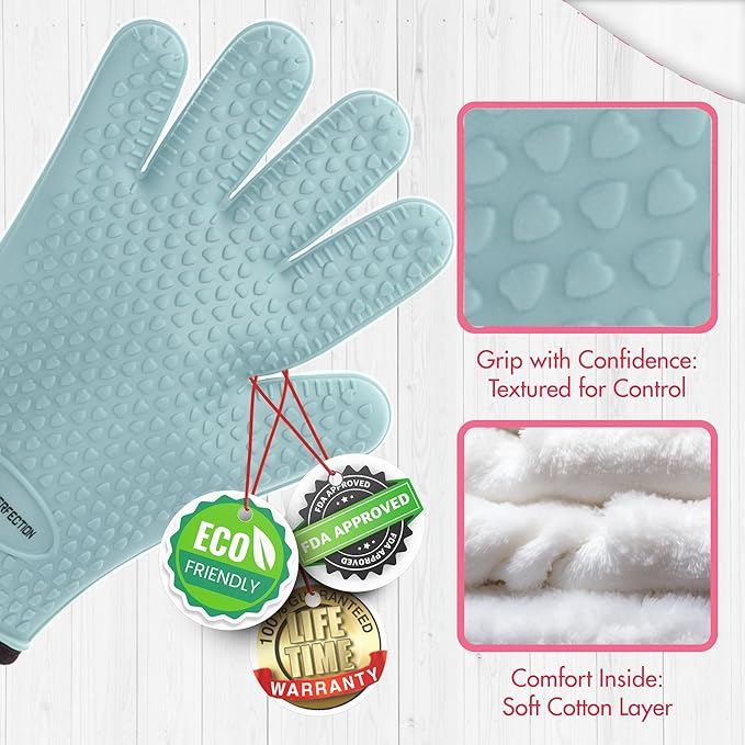 KITCHEN PERFECTION S Silicone Smoker Oven Gloves for Women -Extreme Heat Resistant BBQ Gloves -Handle Hot Food Right on Your Grill Fryer |Waterproof Oven Mitts for Cooking |Superior Set+3 Bonuses