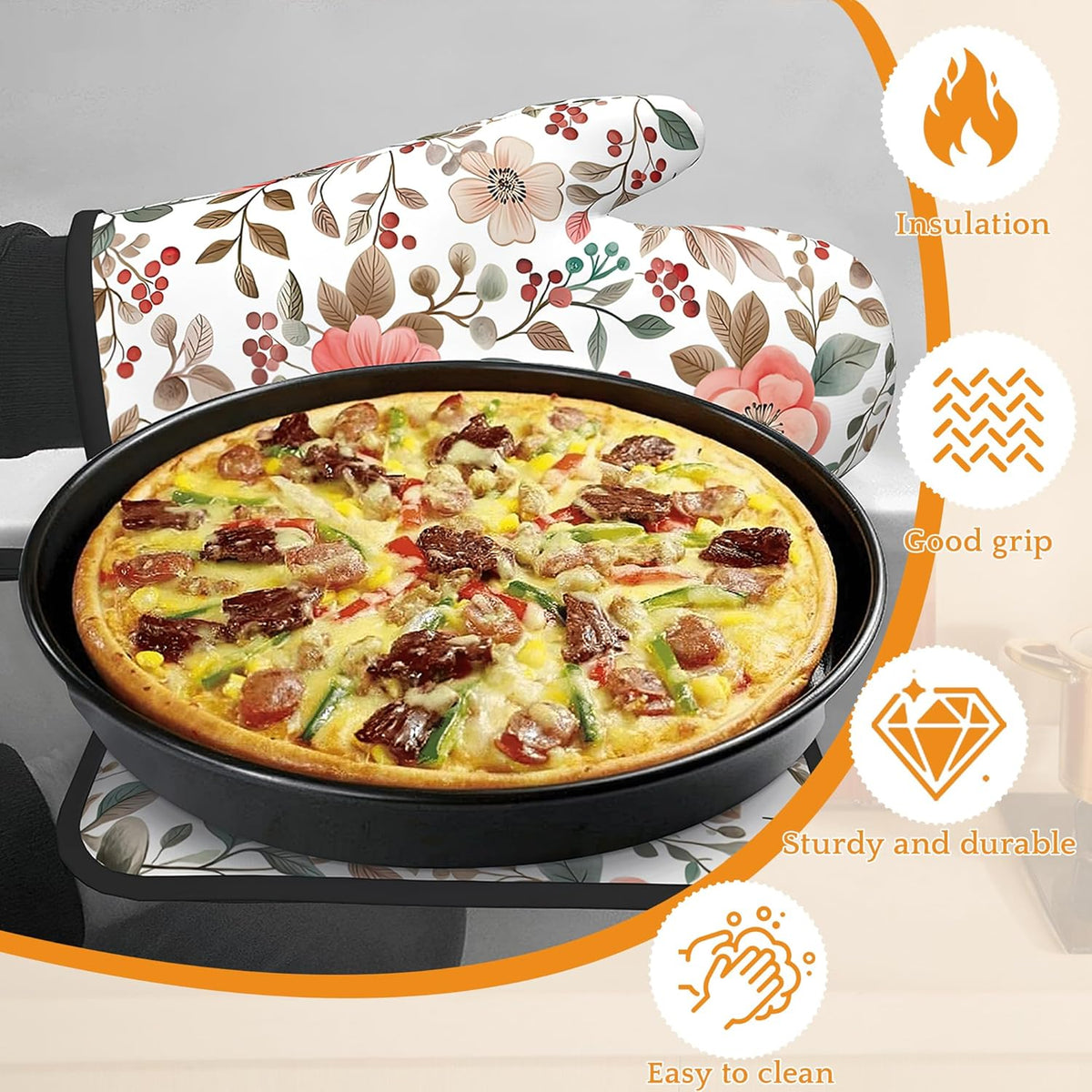 Pink Poppy Floral Oven Mitts and Pot Holders Set,Berry Kitchen Decor Heat Resistant Non Slip Hot Pads and Oven Mitt for Chef Cooking Baking BBQ Mom Girl Gifts(4 Piece Set)