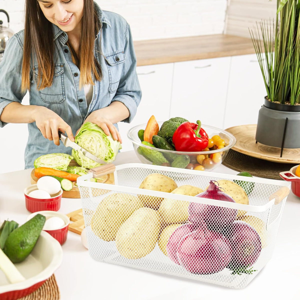 Potato and Onion Storage Bin, 2 Set Potato Bin Storage and Onion Container with Wooden Handle, Pantry Kitchen Organization and Storage, Metal Mesh Baskets for Fruit, Vegetable, Produce-White
