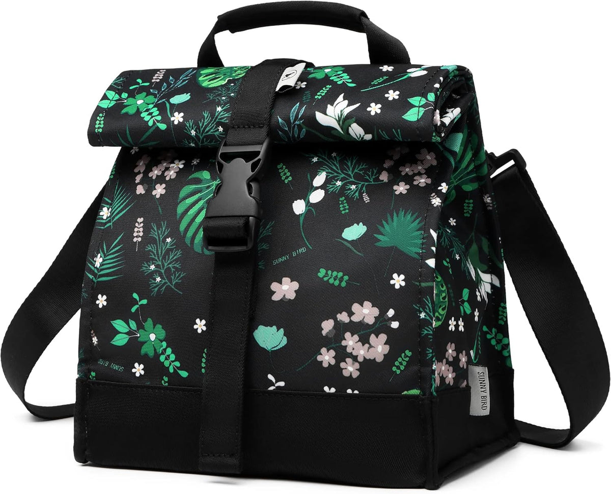 SUNNY BIRD Insulated Lunch Bag Rolltop Lunch Box Tote Bag for Women, Men, Adults and Teens (Floral & Foliage)