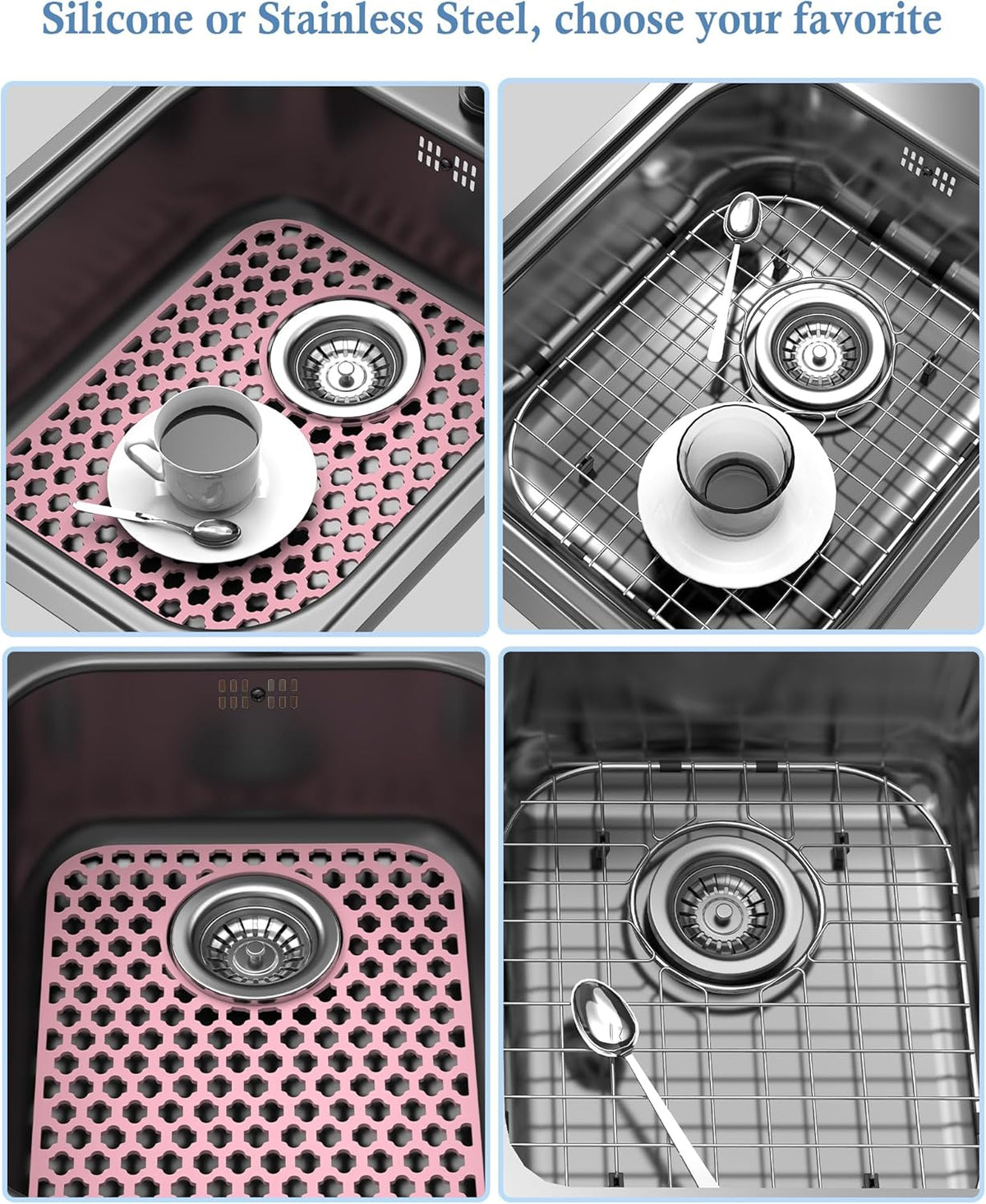 2 Pack Silicone Sink Protector for Kitchen Sink Bathroom, 13.58"x 11.6" Sink Mat Non-Slip and Durable Silicone Protectors, Rear Drain, Pink