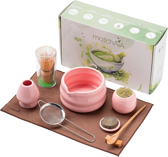 Matcha Whisk Set - Ceramic Bowl, Bamboo Whisk with Holder, Storage Canister, Sifter, Schima Spoon with Rest, Tea Towel - 8 Pcs Complete Kit for Traditional Matcha and Modern Lattes (Pink)