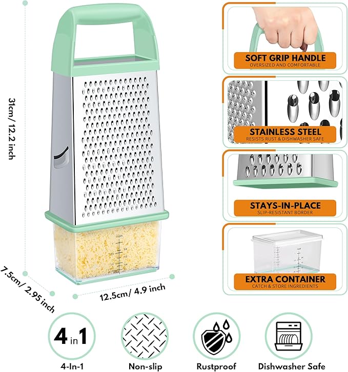 Urbanstrive Cheese Grater With Container, Professional Cheese Grater with Handle, Stainless Steel Graters for Kitchen Handheld, Box Grater with 4 Sides for Vegetables, Ginger, Potatoes (Mint Green)