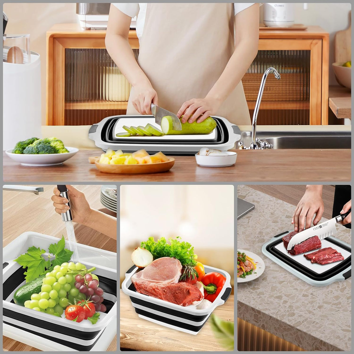 Collapsible BBQ Prep Tub with Cutting Board & Lid – 7.95 Gal / 30L Space-Saving Food Container – BPA-Free Heavy-Duty Plastic, Dishwasher Safe with Drain Hole – Offset Smoker, Backyard & Grilling
