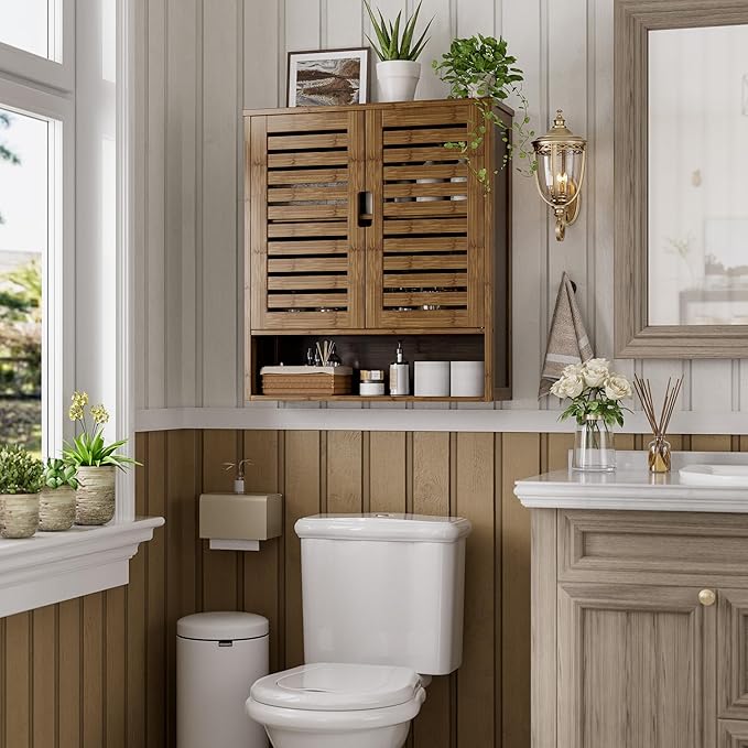SMIBUY Bathroom Cabinet Wall Mounted, Bamboo Over-The-Toilet Storage Organizer, Space Saver Medicine Cabinet with 2 Door and Adjustable Shelves (Walnut)