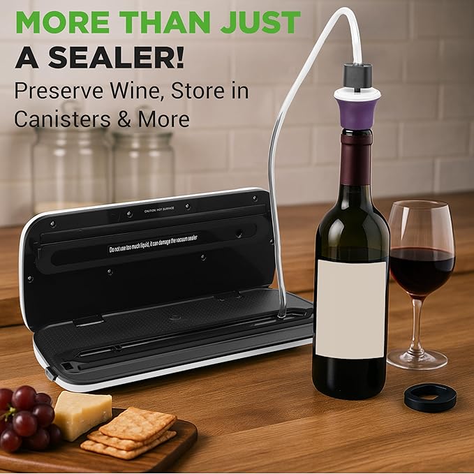 NutriChef Food Vacuum Sealer Machine - Automatic Air Sealing System for Dry & Moist Foods, LED Touch Controls, Includes Vacuum Bags, Hose & Wine Stopper, High Suction Power, 14"x6"x3", Silver
