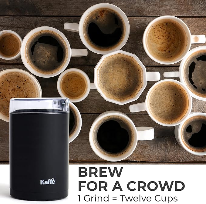Kaffe One-Touch Coffee Grinder Electric w/Cleaning Brush (3 oz) - Coffee Grinders for Home Use - Up to 12 Cups of Coffee per Grind - Easy On/Off Coffee Bean Grinder - Matte Black