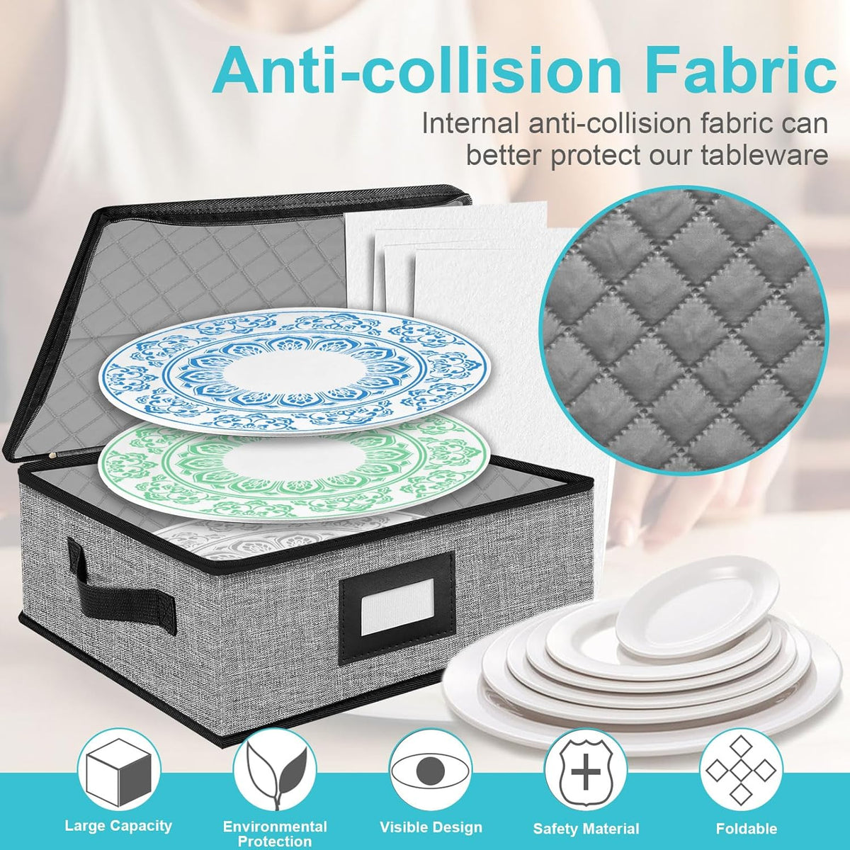 Quilted Platter Storage Case 2PACK-Fine China Storage Containers Hard Shell for Organizing,Stackable Plate Storage Containers with 8 Felt Dividers,dinnerware Storage,Moving Box,Moving Supplies