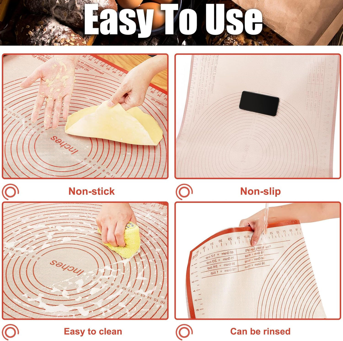 Silicone Pastry Mat 36x24 Inch Nonstick Baking Mat -Perfect for Doug, Pastry, Dough Rolling, Kneading Board, Pie Crust, Fondant, Pasta/Pizza, Kitchen Counter Mat