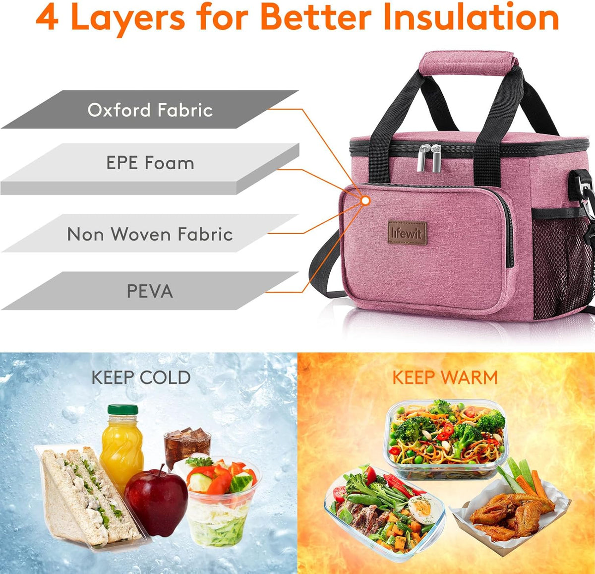 Lifewit Medium Lunch Bag Insulated Lunch Box Soft Cooler Cooling Tote for Adult Men Women, Pink 12-Can (9L)