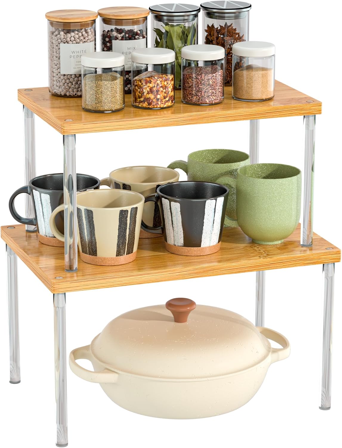 Jolitac Cabinet Organizer Shelf - Set of 2 Clear Acrylic Spice Rack, Stackable Pantry Storage Shelves for Kitchen Counter, Bathroom, Desk - Multi-Purpose Bamboo Space Saving Shelves, Easy Assembly
