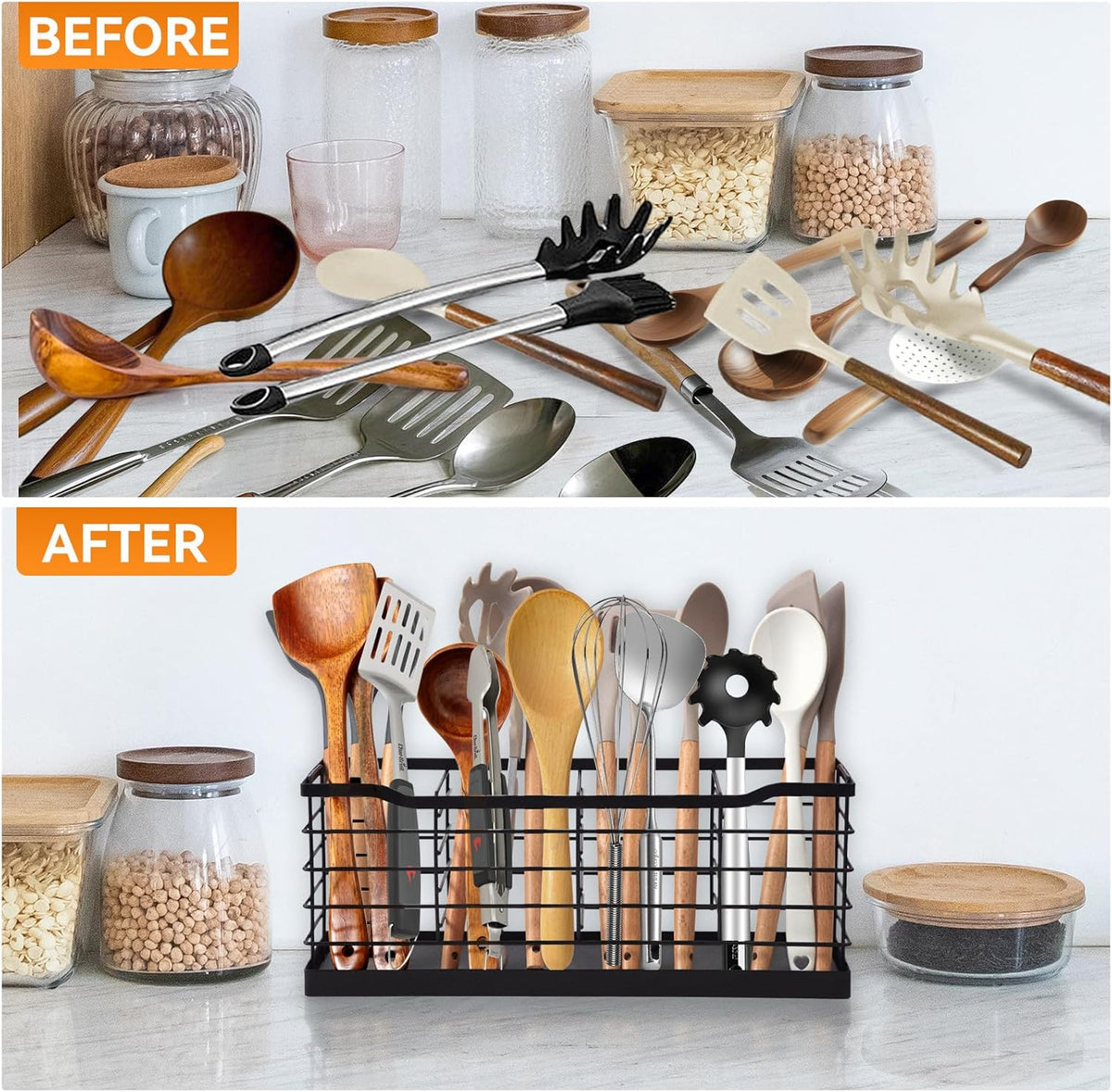 Large Utensil Holder for Kitchen Countertop,Cookware Organizer Dryer with Diatomaceous Earth Base,Cooking Tools Storage for Kitchen Counter,Metal Matte Black(4 Compartments)