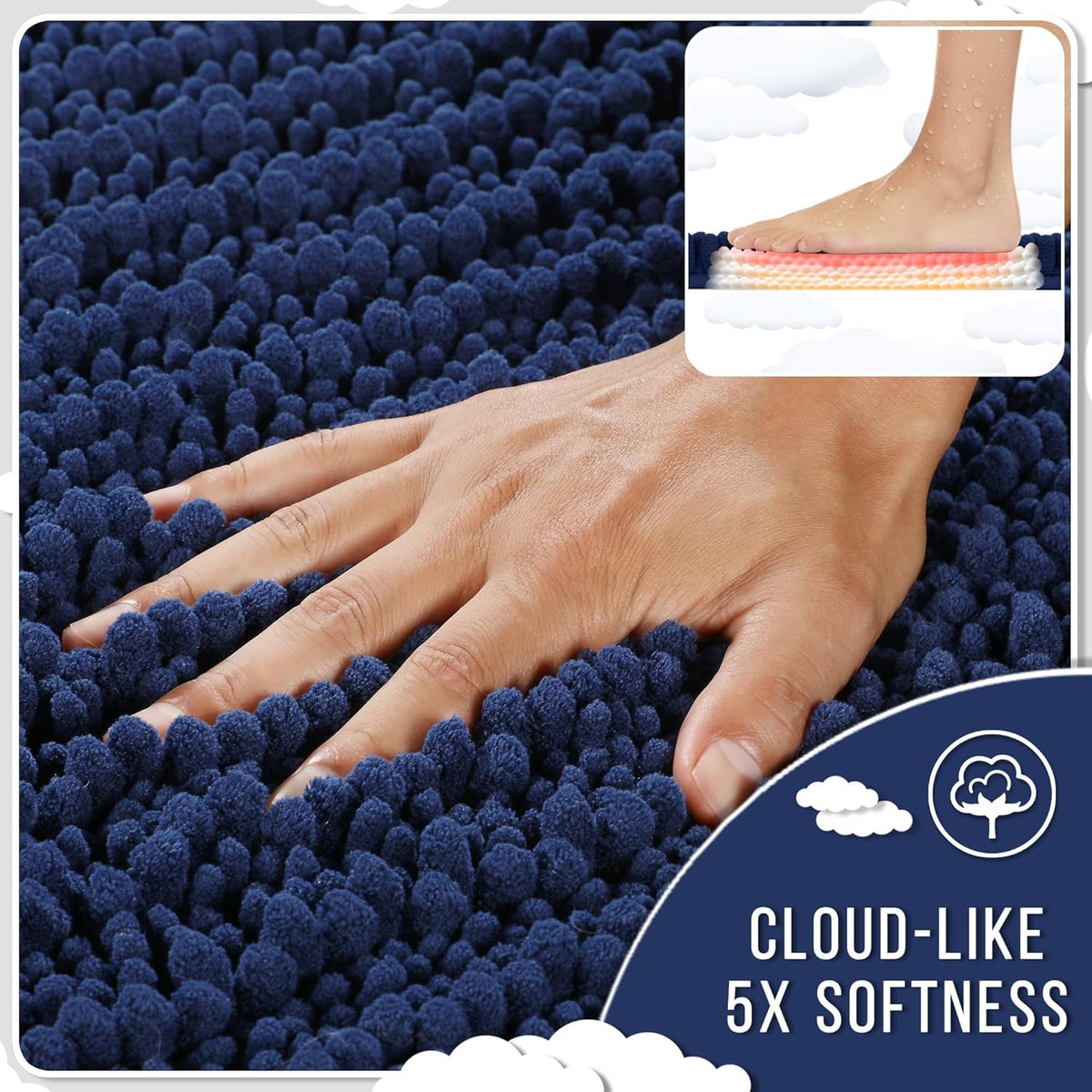 Yimobra Bathroom Runner Rug 55x24 Inch - Extra Long Non Slip Chenille Bath Mat, Soft & Absorbent, Machine Washable Shaggy Hallway Carpet for Vanity Tub Shower, Navy Blue Home Decor Accessories