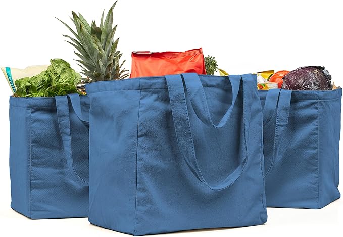 VeraMia Canvas Grocery Bag 3pc XL Set with Real Pockets, Long Shoulder Strap and Short Handle. Heavy Duty, Foldable, Washable