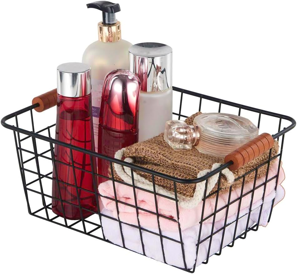 Wire Kitchen Storage Basket 4 Packs,Perfect Pantry Organization Accessories Baskets,Laundry Basket,With a Wooden handle,Suitable for Kitchen,Bathroom,Bedroom,Tabletop,Stackable,Black
