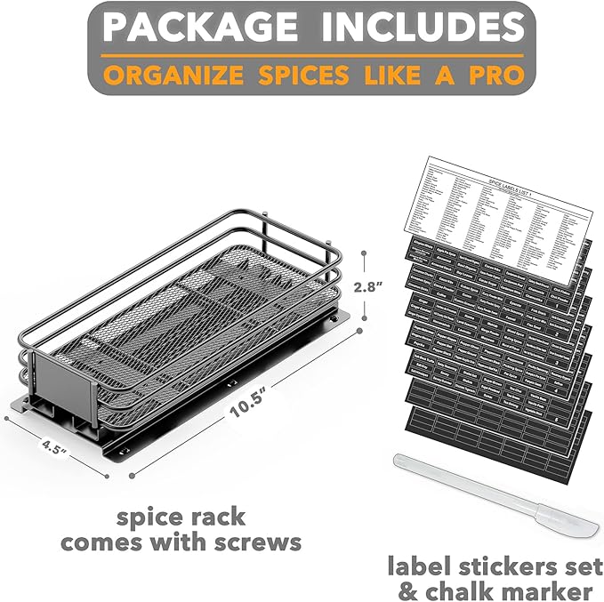 SpaceAid Pull Out Spice Rack Organizer for Cabinet, Heavy Duty Slide Out Seasoning Kitchen Organizer, Cabinet Organizer, with Labels and Chalk Marker, 4.5" W x10.75 D x2.5 H, 1 Drawer 1-Tier