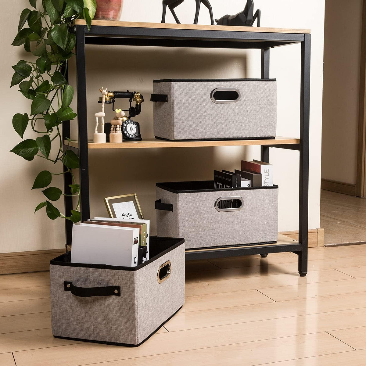 PRANDOM Large Fodable Storage Bins for Closet [5-Pack] Decorative Linen Fabric Storage Bins Cubes with Leather/Metal Handles for Shelves Bedroom Living Room Light Grey (14.9x9.8x8.3 Inch)