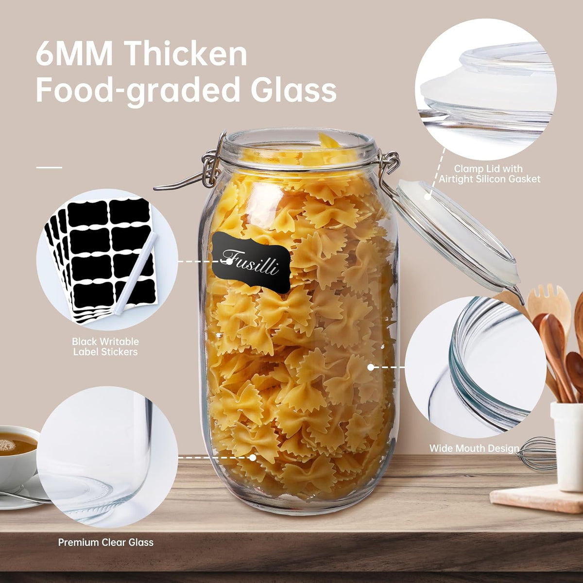 Glass Jars with Airtight Lid Set of 6, 17 floz Wide Mouth Mason Jars with Clamp Lids,Glass Sealed Jars with Air Tight Lids, Best for Kitchen & Pantry Food Storage