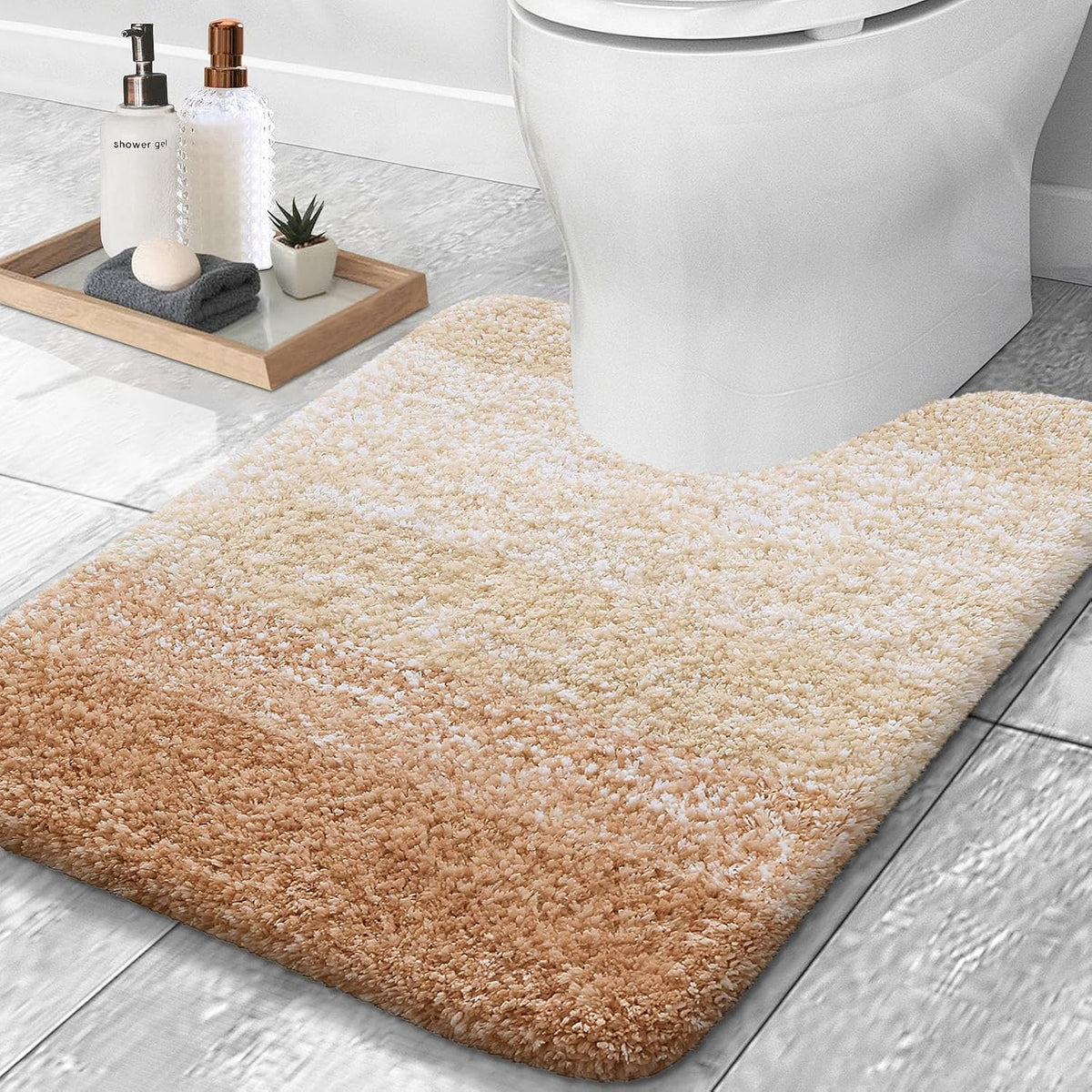 OLANLY Luxury Toilet Rugs U-Shaped 24x20, Extra Soft and Absorbent Microfiber Bathroom Rugs, Non-Slip Plush Shaggy Bath Mat, Machine Wash Dry, Contour Bathroom Mats for Toilet Base, Beige