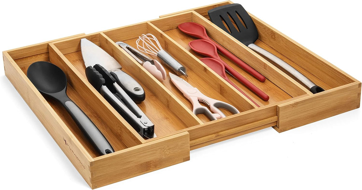 Purawood Kitchen Drawer Organizer, 2 Pack - Expandable Utensil Drawer Organizer for Kitchen, Cutlery Tray & Silverware Organizer, 3-5 Slots - Bamboo Organizer for Utensils & Flatware (Natural)
