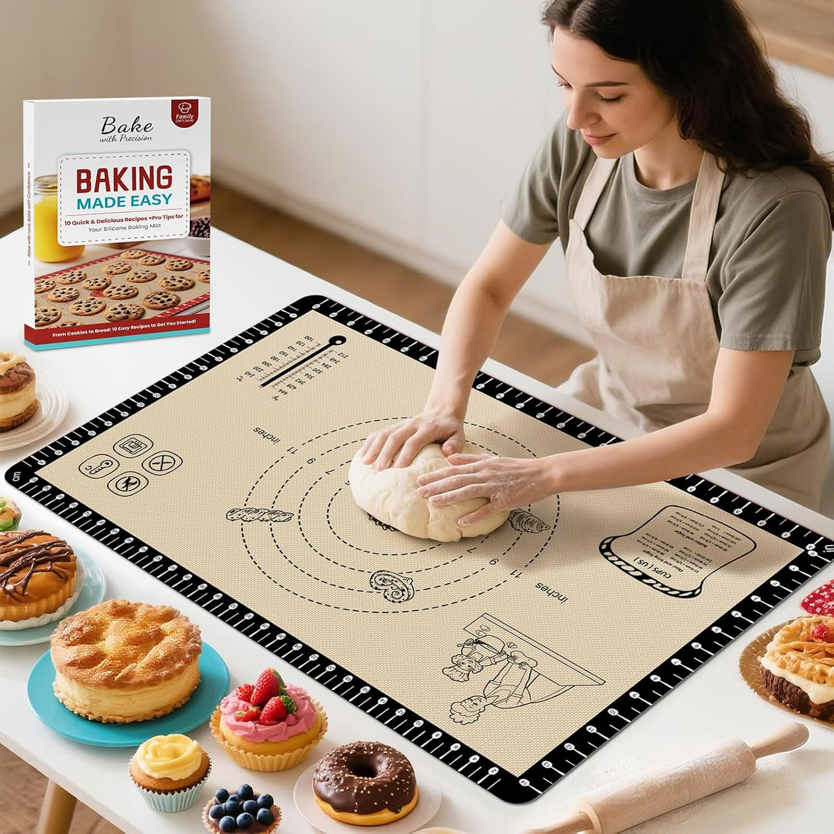 Silicone Baking Mat with 10 Recipes, Non Stick Silicone Pastry Mat, Kneading Dough Rolling Mat Silicone Mats for Baking Cookie, bread, Pizza, Surdough, Extra Thick Oven Mat & Dishwasher Safe