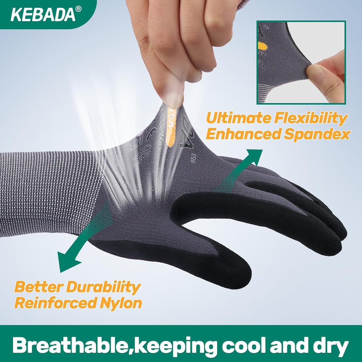 Kebada W2 Work Gloves for Men and Women, Nitrile Coated Working Gloves for Gardening, Construction, Warehouse, Safety Gloves for Work in Yard and Outdoors, 6 Pairs, XS
