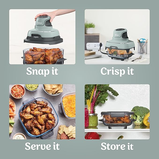 Ninja Crispi 4-in-1 Glass Air Fryer | 450°F | Non-Toxic | 4QT & 6-Cup Glass Containers w/Lids | Microwave, Freezer, Dishwasher Safe | Max Crisp, Air Fry, Bake, Recrisp | Green | FN101SG
