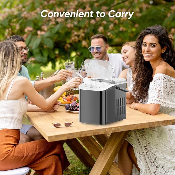 DUMOS Countertop Ice Maker with Handle, 26lbs/24H Portable Ice Machine, 9 Bullet Cubes Ready in 6 Mins, Self-Cleaning, Quiet Compact for Home, Kitchen, RV, Camping, Bright Black