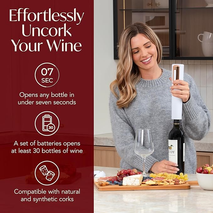 Electric Wine Opener Battery Operated with Stand and Built-in Foil Cutter - Automatic Wine Opener - Electric Corkscrew for Easy Cork Removal - Best Gift for Wine Lover (White & Rose Gold)