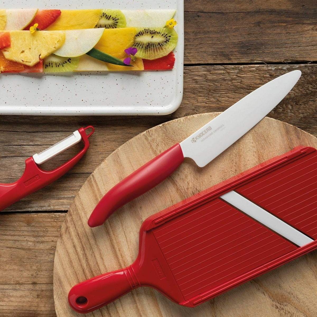 Kyocera Advanced Ceramic Adjustable Mandoline Vegetable Slicer w/ Handguard-Red 11" x 4"