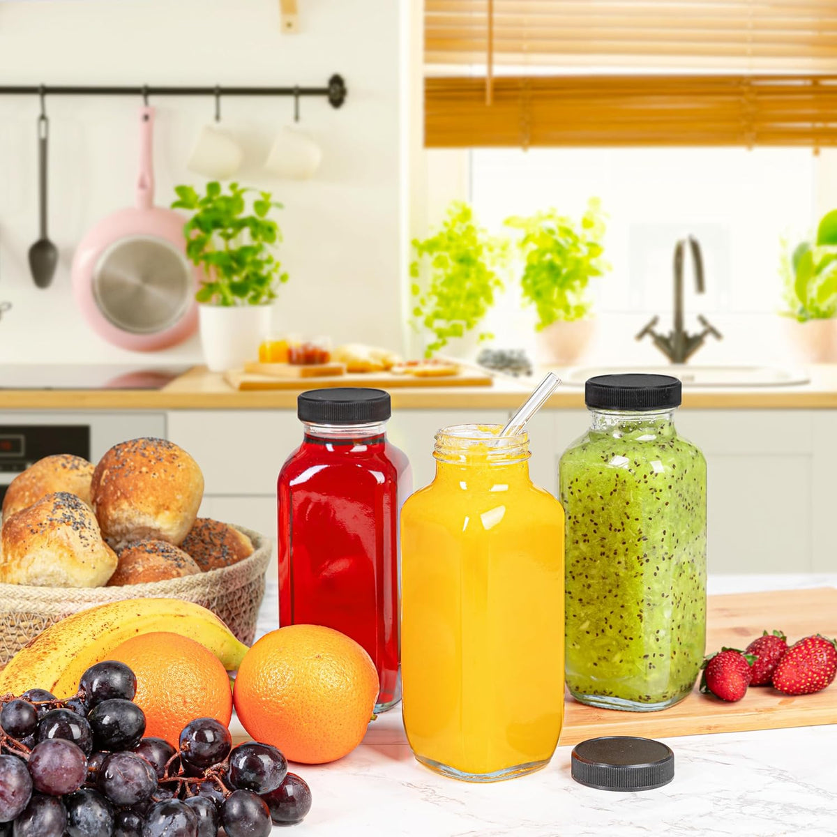 Juice Bottles with Lids, 16 Oz - Set of 3 - Clear Glass Jars with Caps - Reusable Empty Drink Containers for Juicing, Smoothies, Water, Milk, Kombucha Storage, Wellness Shots and More (3)