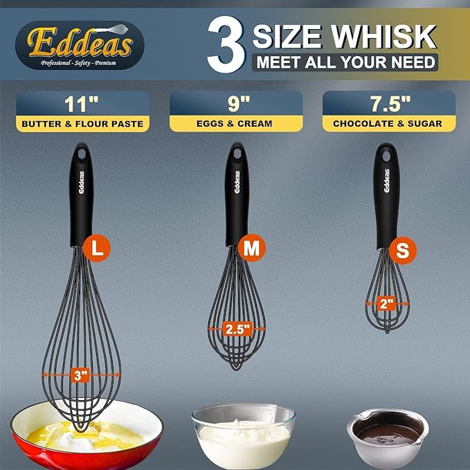 Silicone Whisk, Eddeas Stainless Steel & Silicone Non-Stick Coated Whisks set of 3-Heat Resistant Kitchen Whisks, Balloon Egg Beater Perfect for Blending, Whisking, Beating & Stirring, Black