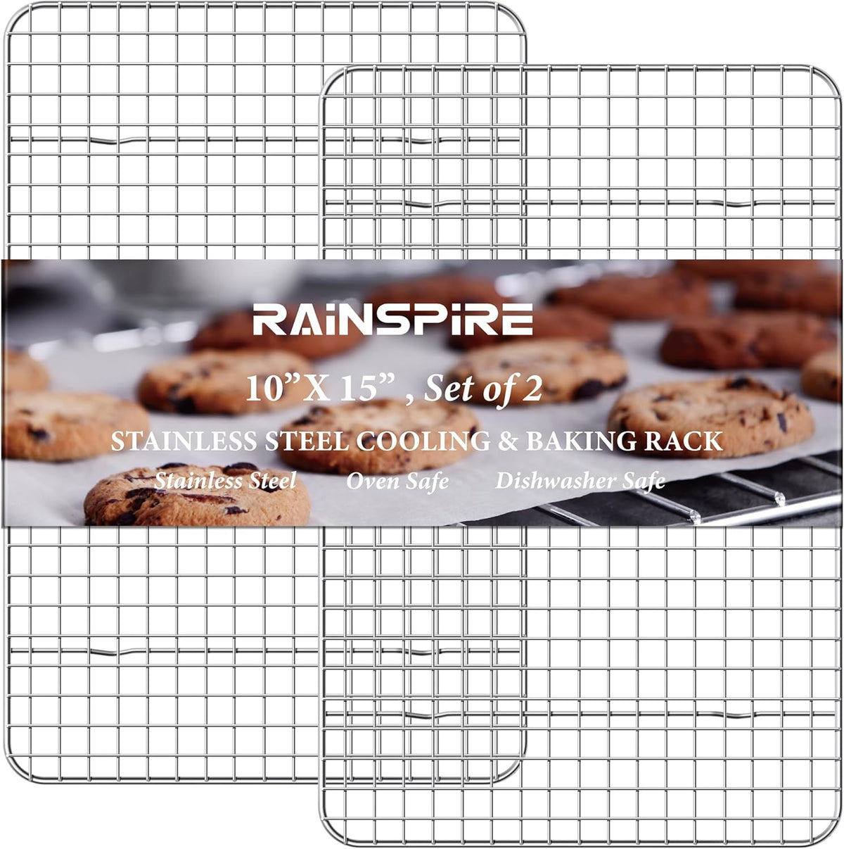 Rainspire 2-Pack Cooling Rack 10" x 15" Stainless Steel Heavy Duty Cooling Racks for Cooking and Baking Oven Safe Wire Rack for Cooking Baking Rack for Oven Cooking Fits Jelly Roll Pan