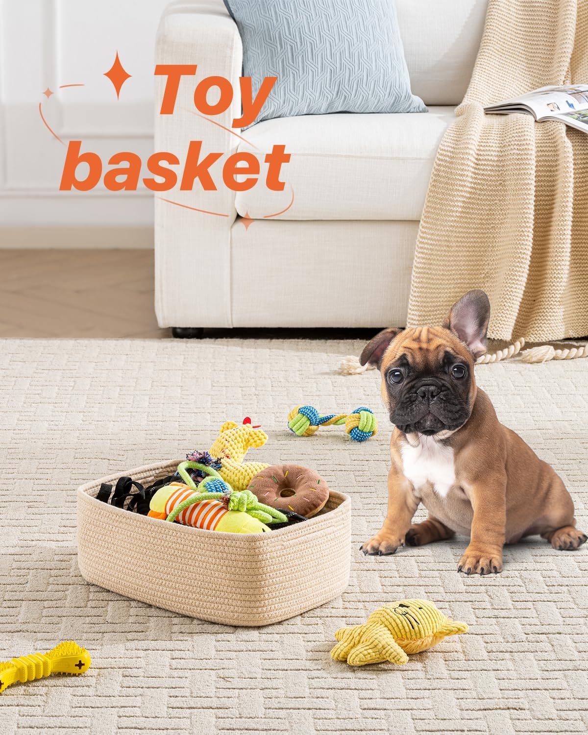 Small Woven Basket, 13.5 x 9.5 x 5 Inches, Storage Basket for Organizing, Cute Small Rope Shelf Closet Cube Storage Bins Baskets for Shelves, Dog Toy Gift Baskets Empty, 3 Packs, Beige