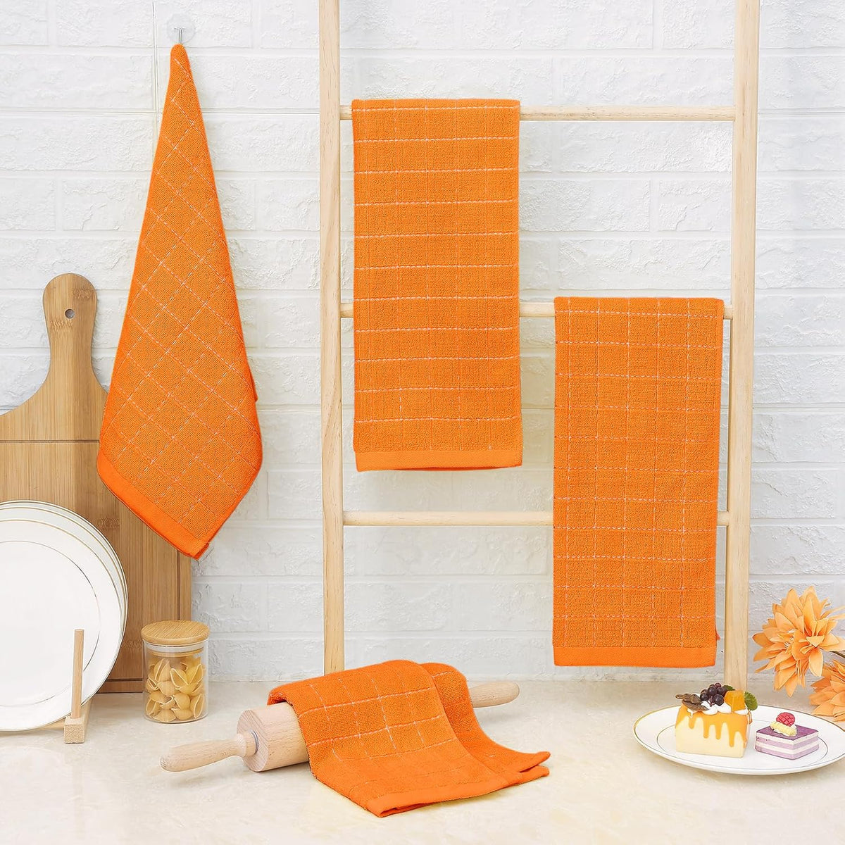 Homaxy 100% Cotton Terry Kitchen Towels(Orange, 13 x 28 inches), Checkered Designed, Soft and Super Absorbent Dish Towels, 6 Pack